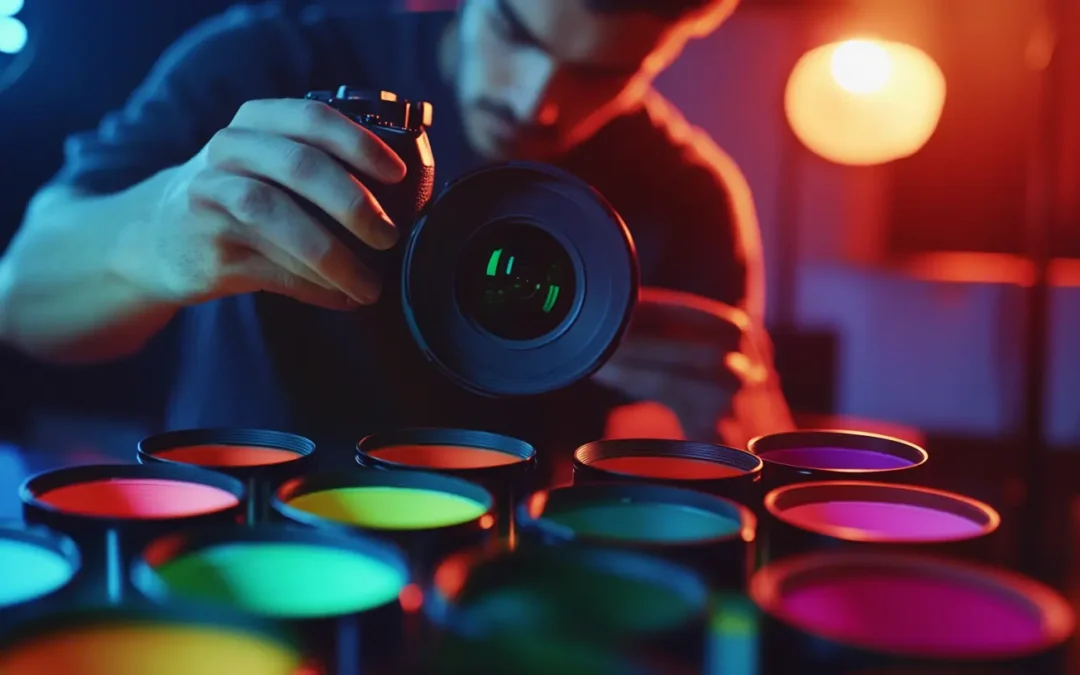 un photographe montrant l'utilisation de gels de couleur