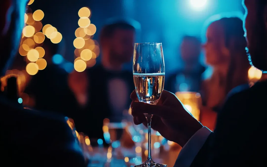 photographie d'un verre à champagne pris en main lors d'une soirée, est une des astuces pour photographier des événements corporate