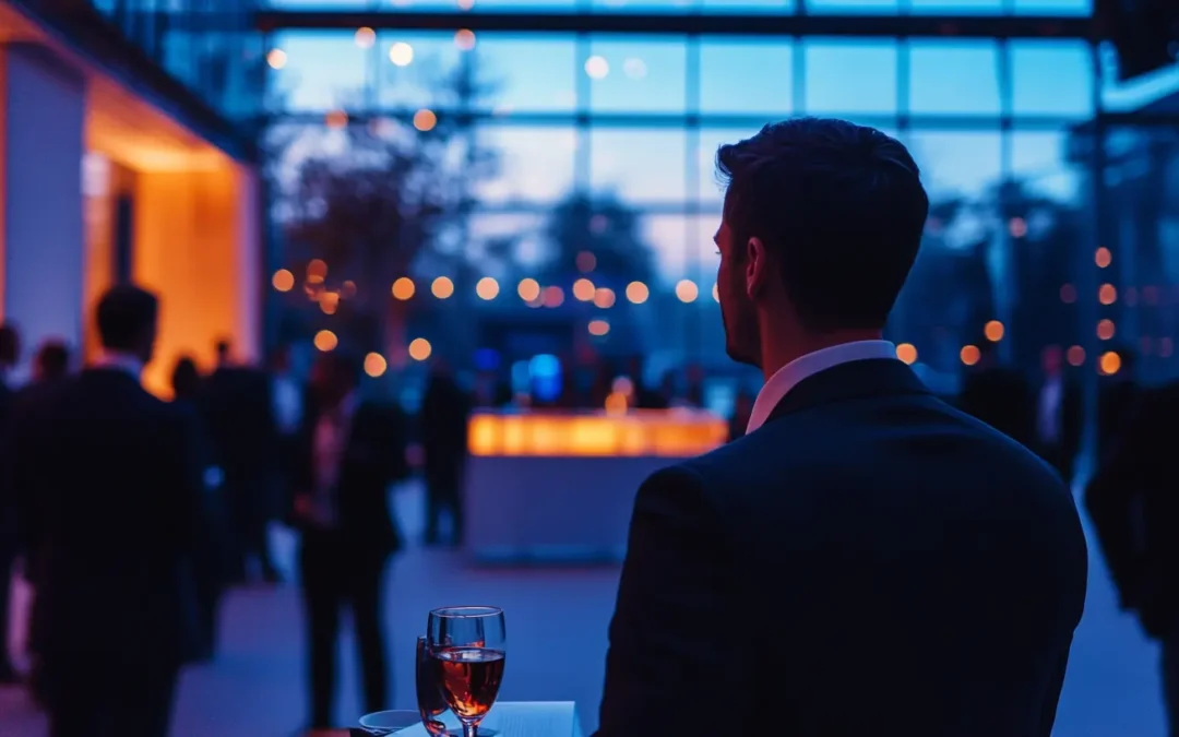 un homme die dos lors d'une soirée, dans la pan ombre avec des petits lumières au loins, pris par un photographe pour soirées d'entreprise