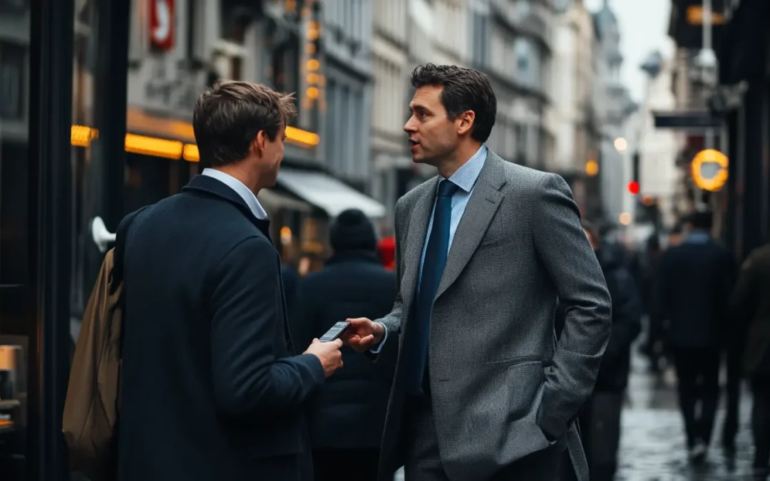 Deux hommes en costume se saluent en rue lors de séances photo corporate à Bruxelles