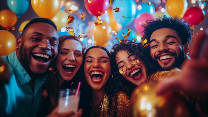 Un groupe de 5 personnes posant devant un photobooth pour anniversaires adultes