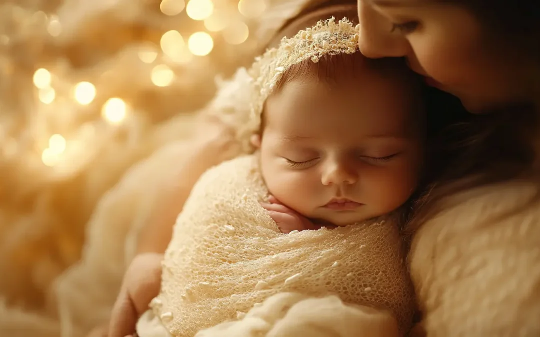 Photo d'un bébé dans les bras de sa mère prise par un photographe naissance professionnel Bruxelles