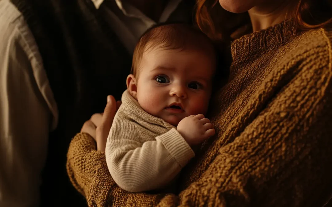 Photo d'un bébé dans les bras de ses parents lors d'une séance photo nouveau-né Belgique